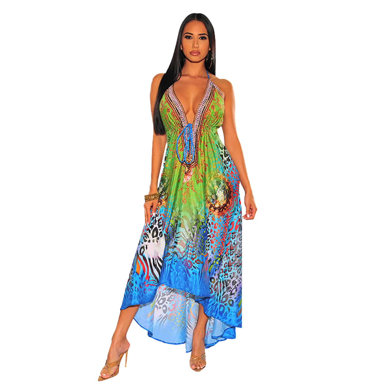 Vintage V-neck Printed Slip Irregular Hemline