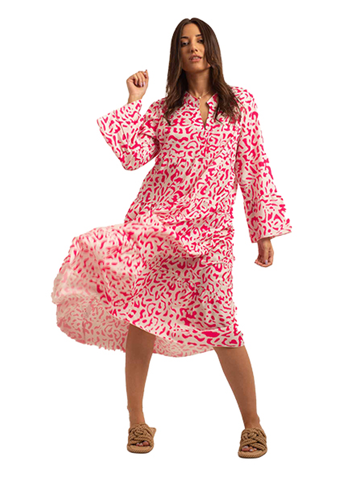 Long Sleeve Pink Leopard Bohemian V Neck Loose Dress