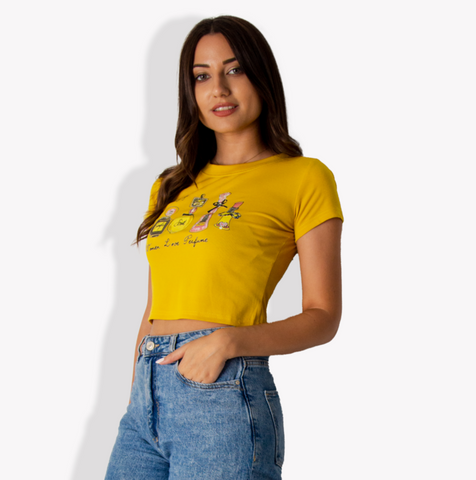 Yellow Crop top with perfume print