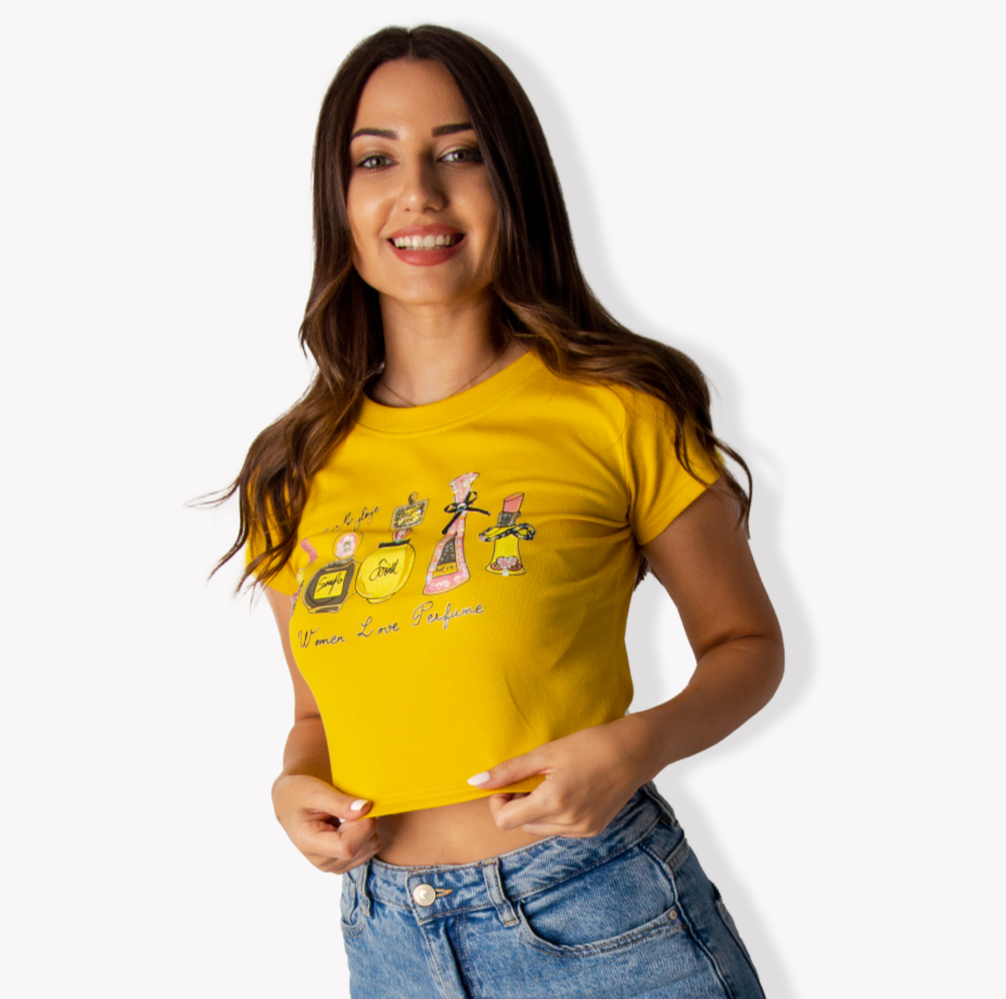 Yellow Crop top with perfume print