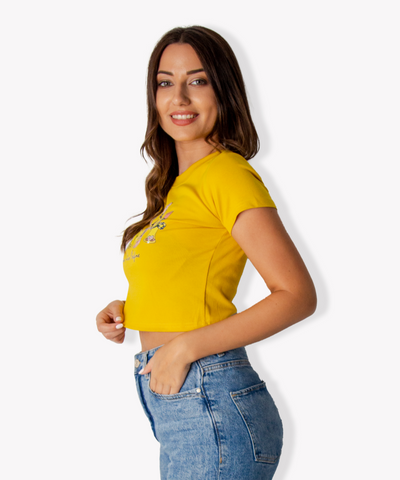 Yellow Crop top with perfume print