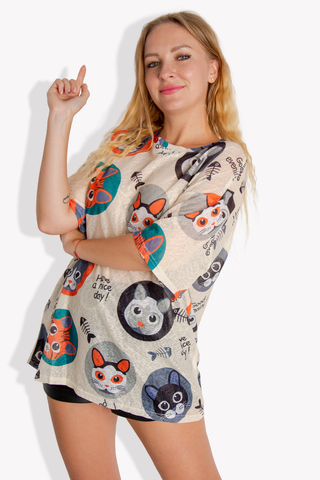 Long Comfort Shirt With Cats Print