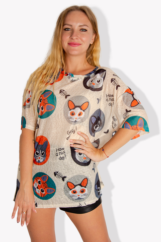 Long Comfort Shirt With Cats Print